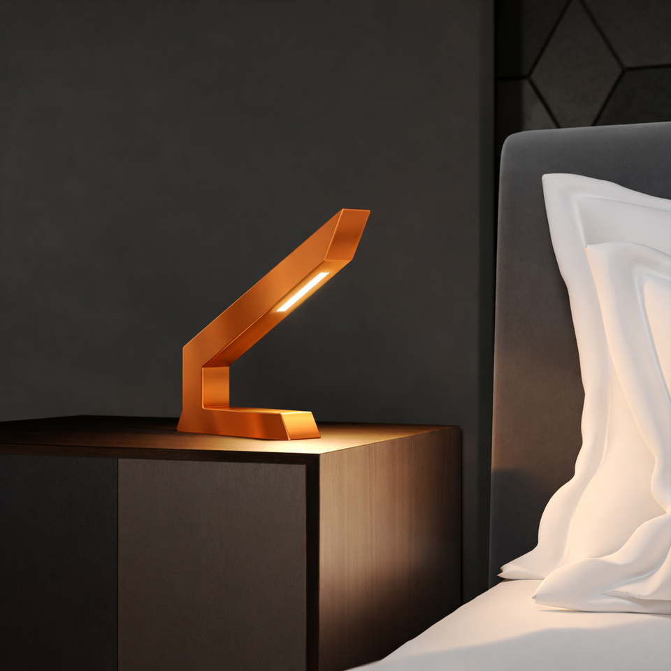 Copper finish oak angular table lamp by WOOM, with a bright LED on a dark nightstand.