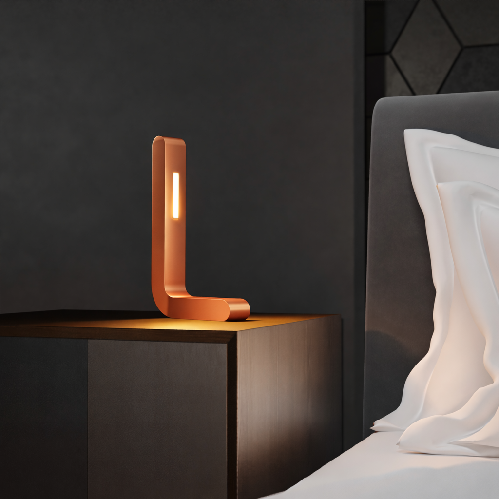 Copper finish L-shaped wooden LED lamp by WOOM on a dark nightstand, casting a warm glow in a minimalist bedroom with white bedding.