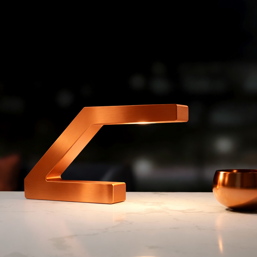 Copper finish handcrafted oak Z-shaped lamp by WOOM, illuminating a white marble surface next to a copper bowl.
