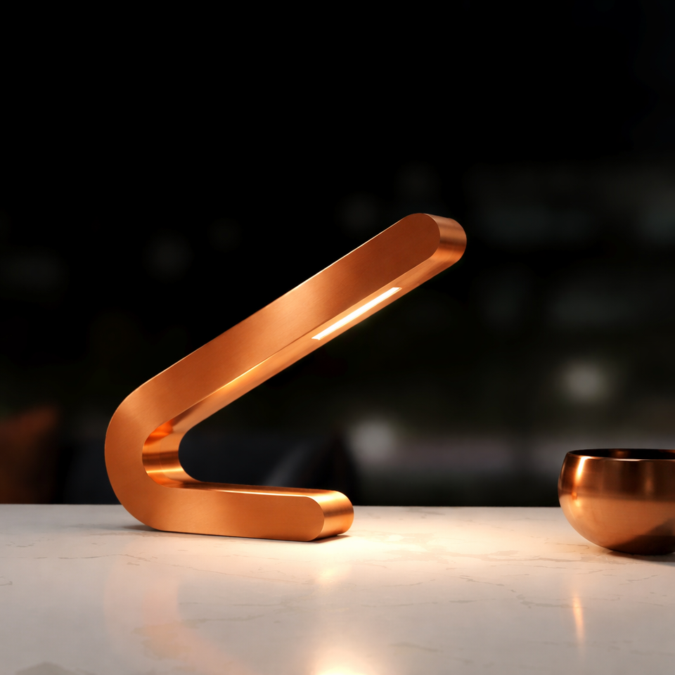 Angled copper finish table lamp by WOOM illuminating a white marble surface next to a copper bowl.