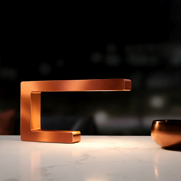 Copper finish oak C-shaped table lamp by WOOM with a brushed metallic surface illuminating a white marble table and a matching copper bowl.