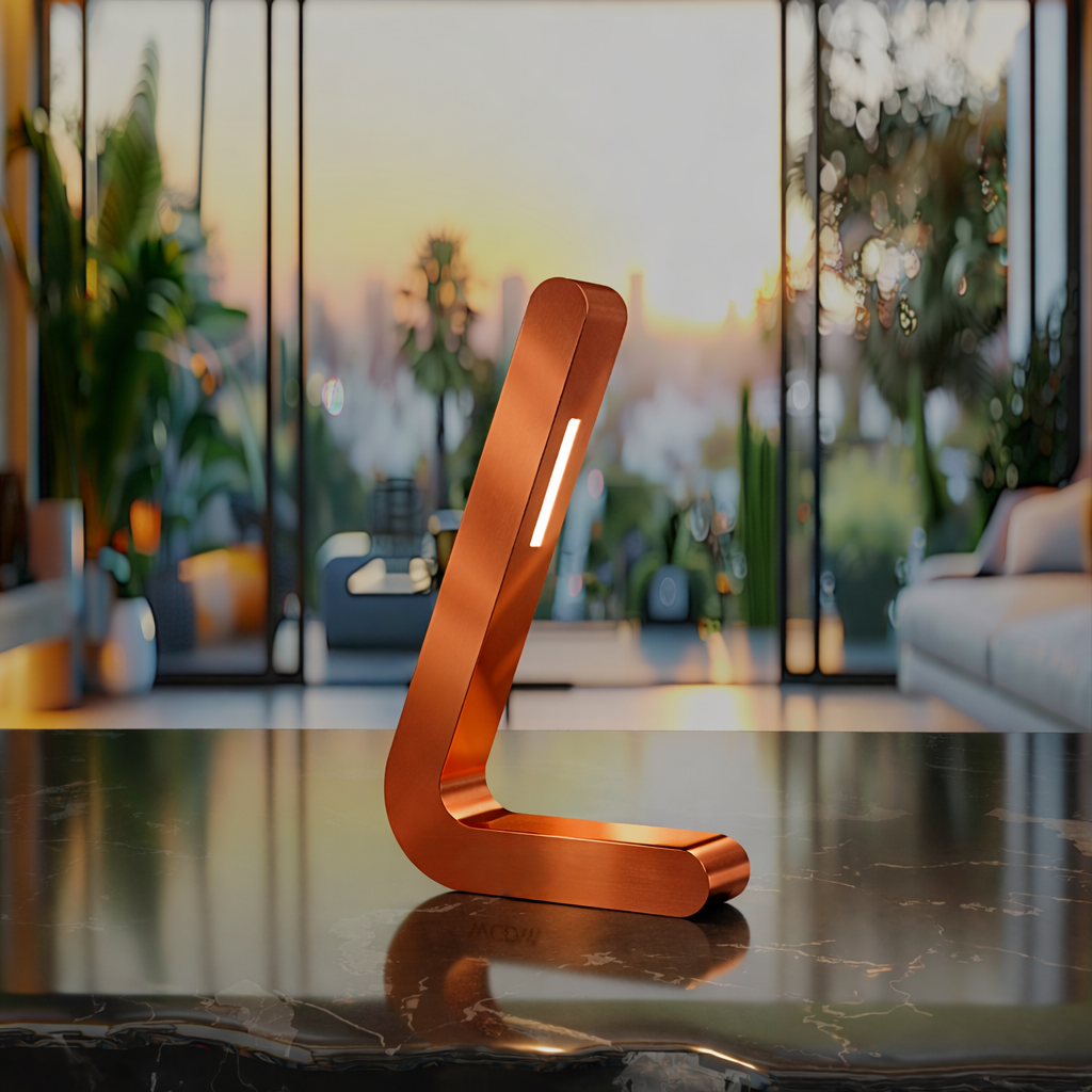 Copper finish L-shaped wooden lamp by WOOM, with a vertical light strip, on a reflective dark marble surface in a modern room.