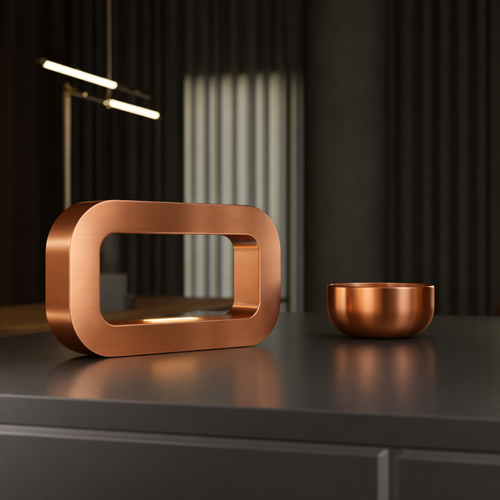 Copper finish rectangular wooden lamp by WOOM, with a hollow design and brushed metallic texture, on a dark countertop next to a small copper bowl.