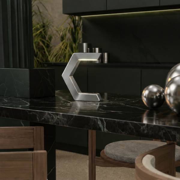 Silver Finish Handcrafted Oak Rotatable C-Shaped Design Lamp