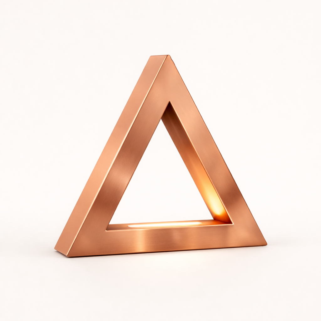 Copper Finish Handcrafted Oak Triangular Lamp by WOOM, with a brushed metallic texture and warm internal LED glow.