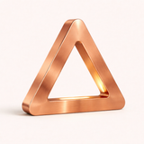 Copper finish triangular LED lamp by WOOM, with a brushed texture and internal glow.