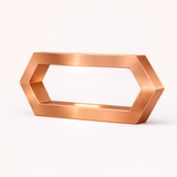 Copper finish hexagon LED table lamp by WOOM, featuring a brushed texture and glowing lights on inner edges.