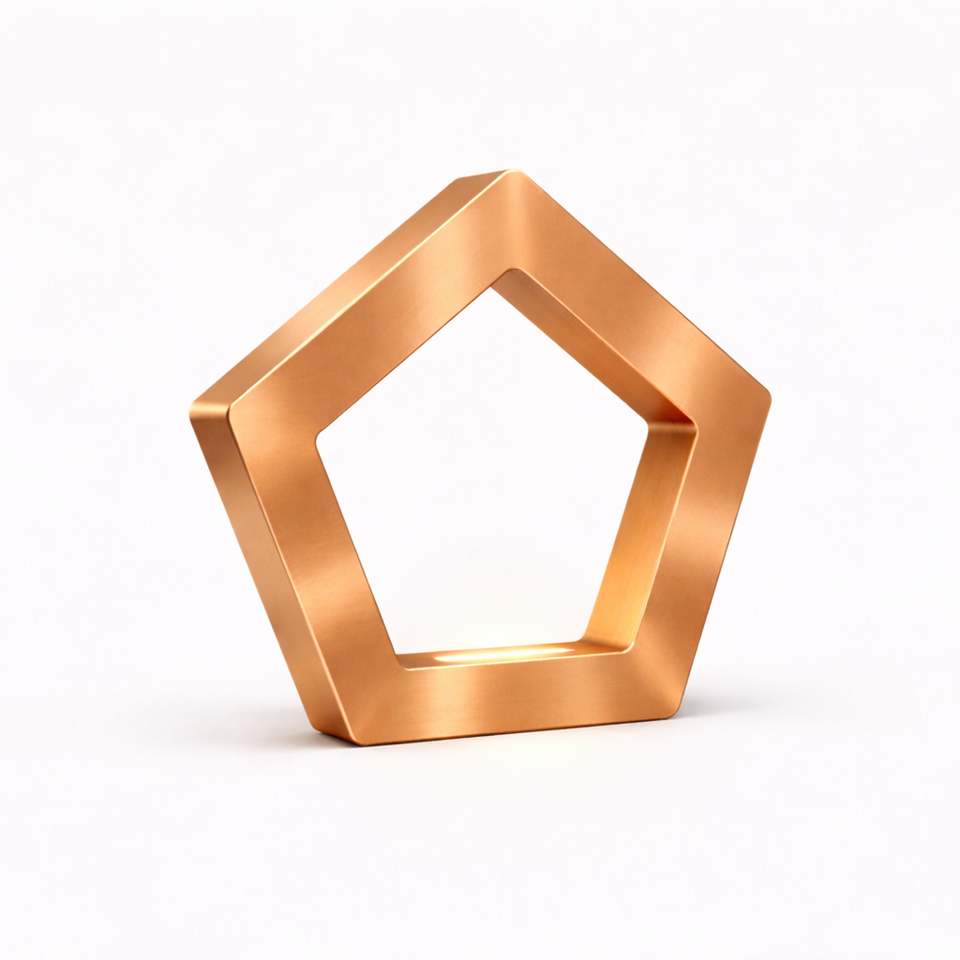 Copper finish pentagon LED lamp by WOOM, with a brushed metallic texture and a soft glow.
