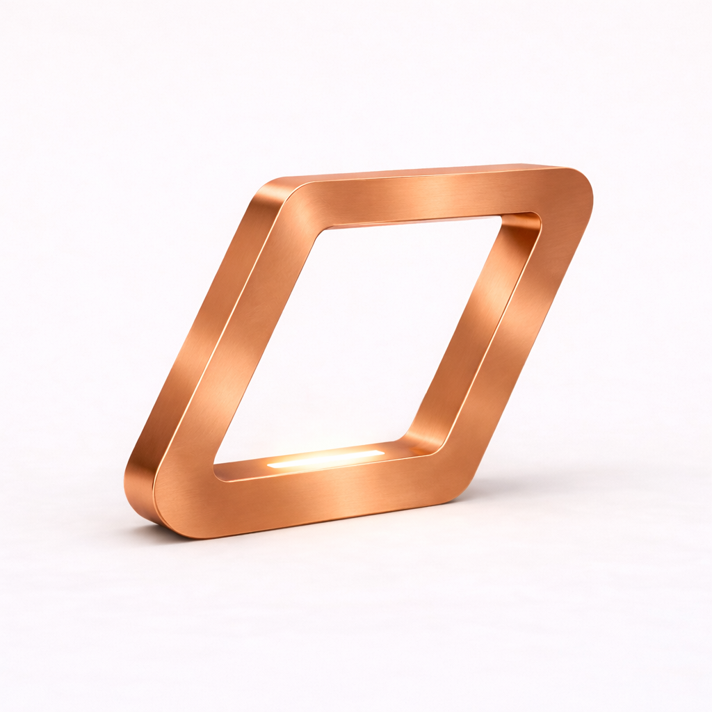 Copper finish table lamp by WOOM, with a brushed parallelogram-shaped frame and an illuminated base.
