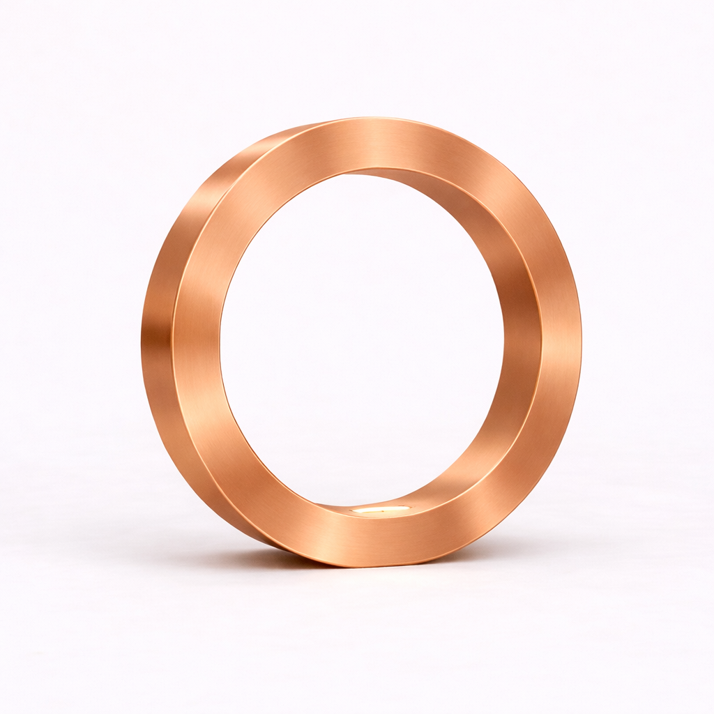 Copper finish circle lamp by WOOM, with a brushed texture and integrated base light.