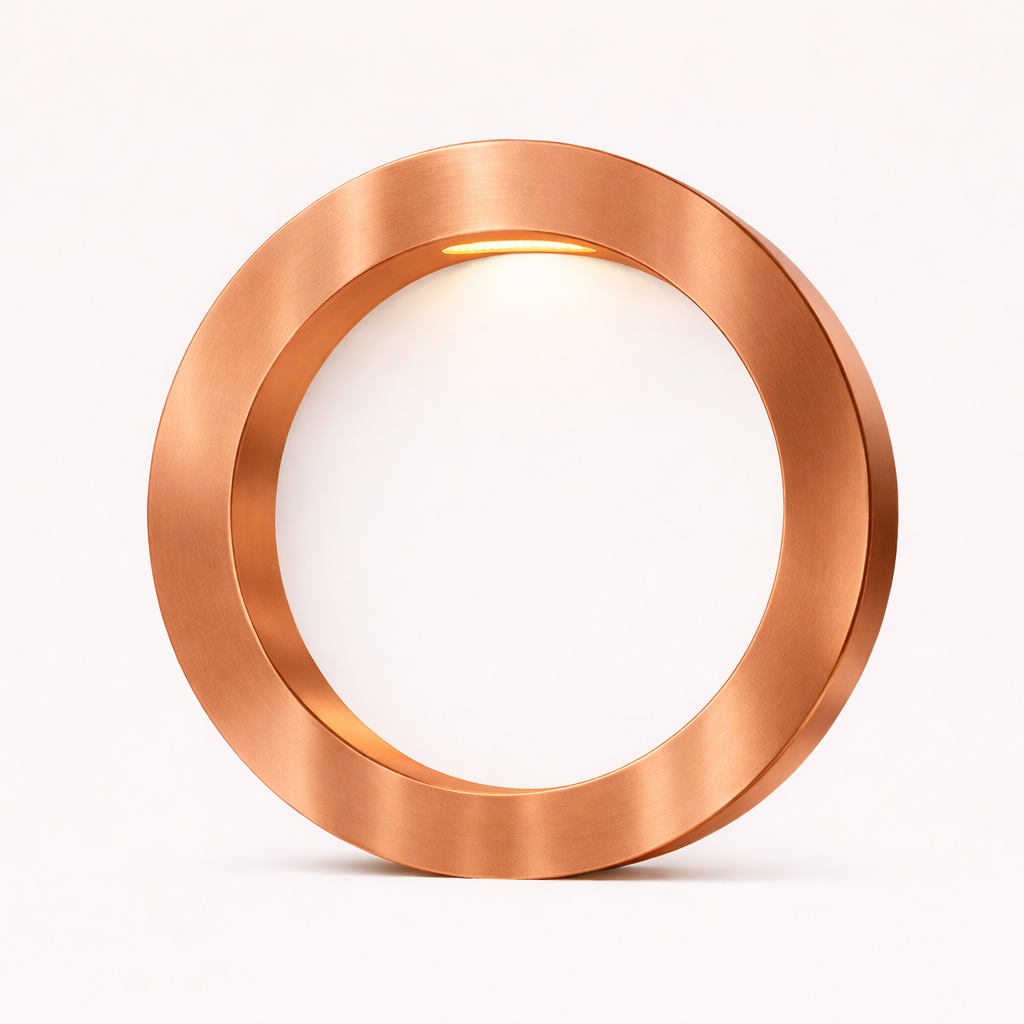 Copper finish round table lamp by WOOM, with warm light glowing from its brushed metallic frame onto a white interior.