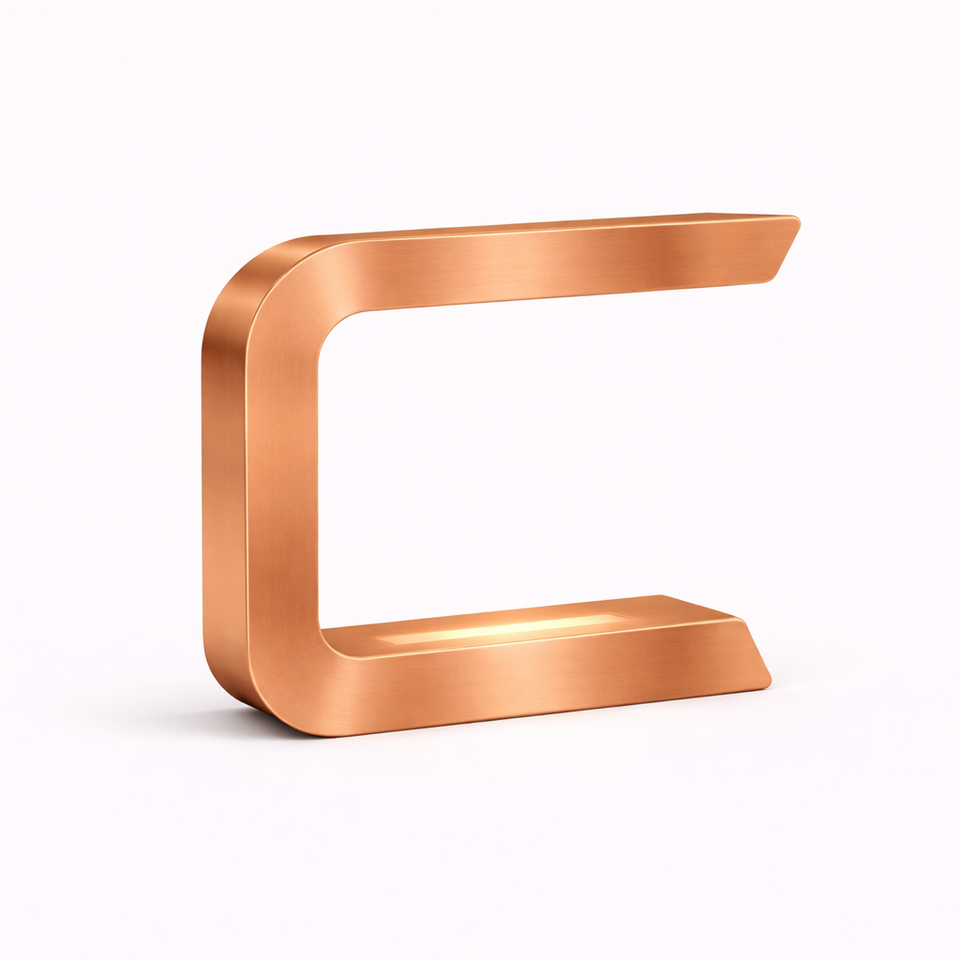 Copper-finished C-shaped table lamp by WOOM, with a brushed metallic texture and internal base light on a white background.