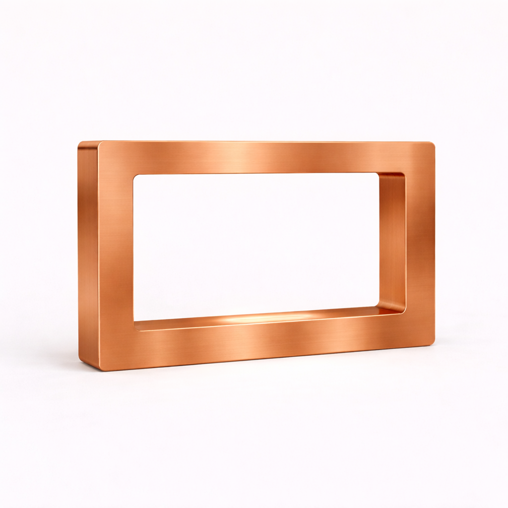 Copper finish rectangular wooden LED table lamp by WOOM, with a visible brushed texture.