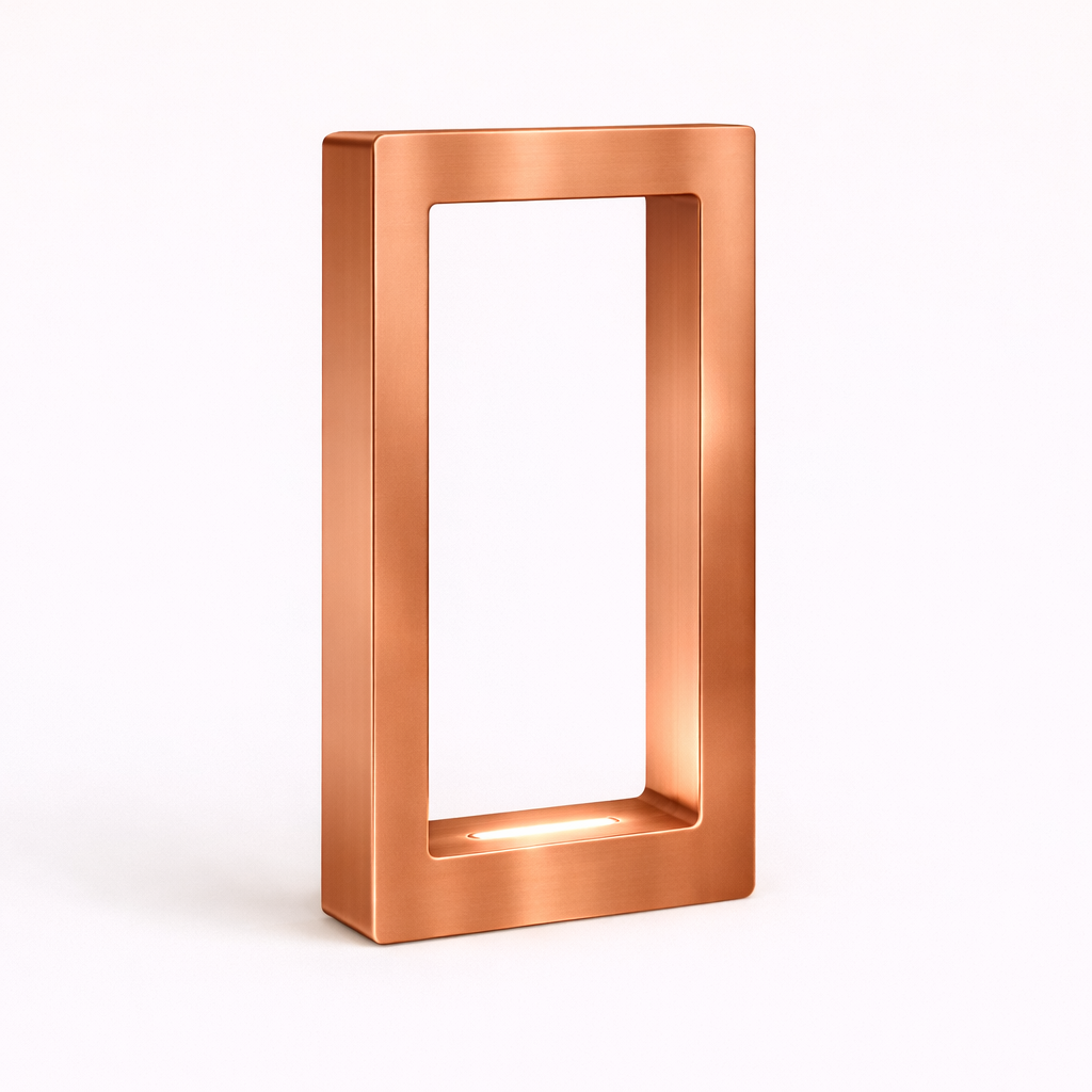 Copper finish rectangular wooden lamp by WOOM, featuring a brushed texture and illuminated inner base.