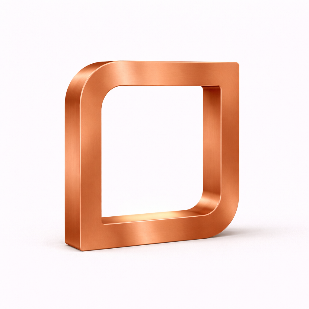 Copper finish square LED lamp by WOOM, with rounded corners and a brushed metallic texture.
