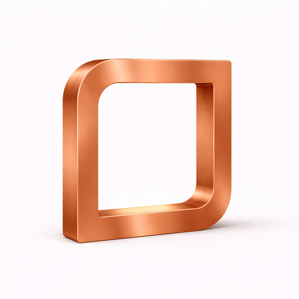 Copper finish square LED lamp by WOOM, with rounded corners and a brushed metallic texture.