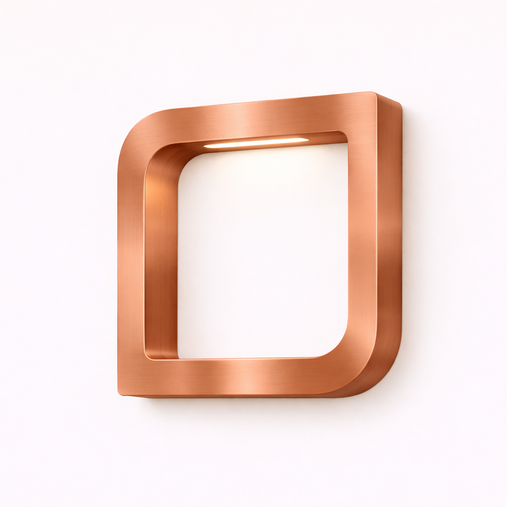 Square copper-finished LED lamp by WOOM with a brushed texture, emitting a warm glow on a white wall.