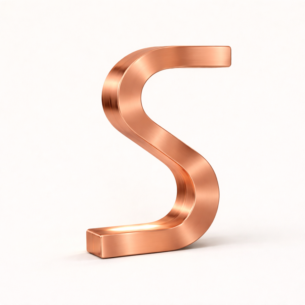 S-shaped copper finish lamp by WOOM, with a light glowing from its base on a white background.