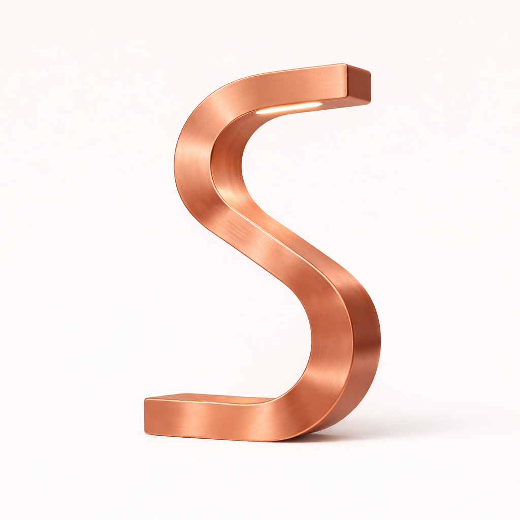 Copper finish S-shaped lamp by WOOM with a brushed texture and an integrated glowing light.