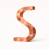 Copper finish S-shaped lamp by WOOM with a brushed texture and an integrated glowing light.