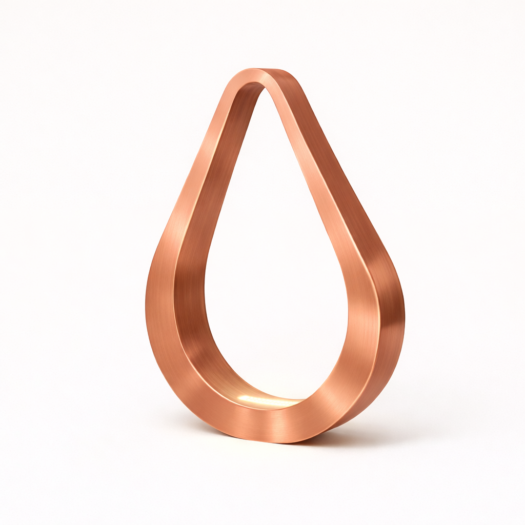 Copper finish, teardrop-shaped wooden table lamp by WOOM with a brushed texture and an interior light glow.