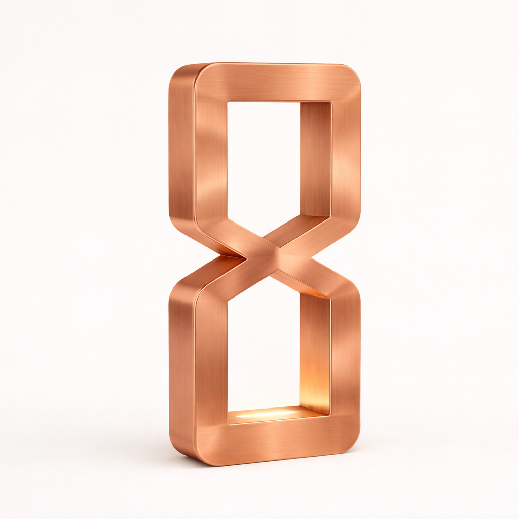 Brushed copper finish hourglass-shaped lamp by WOOM, with a glowing light at its base.