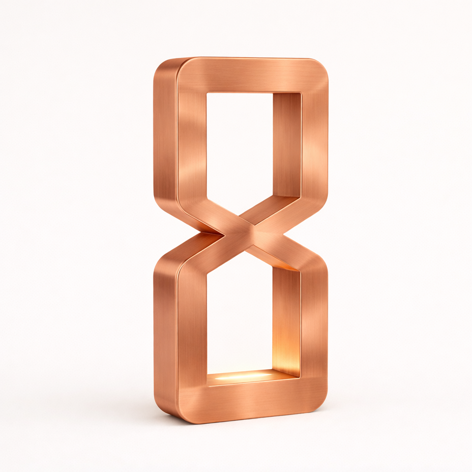 Brushed copper finish hourglass-shaped lamp by WOOM, with a glowing light at its base.