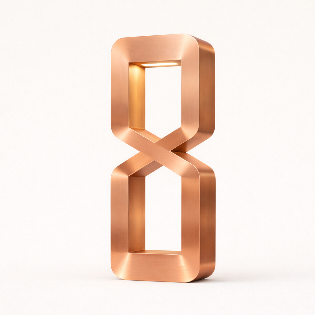 Copper finish hourglass-shaped table lamp by WOOM, featuring a brushed texture and an illuminated open top.