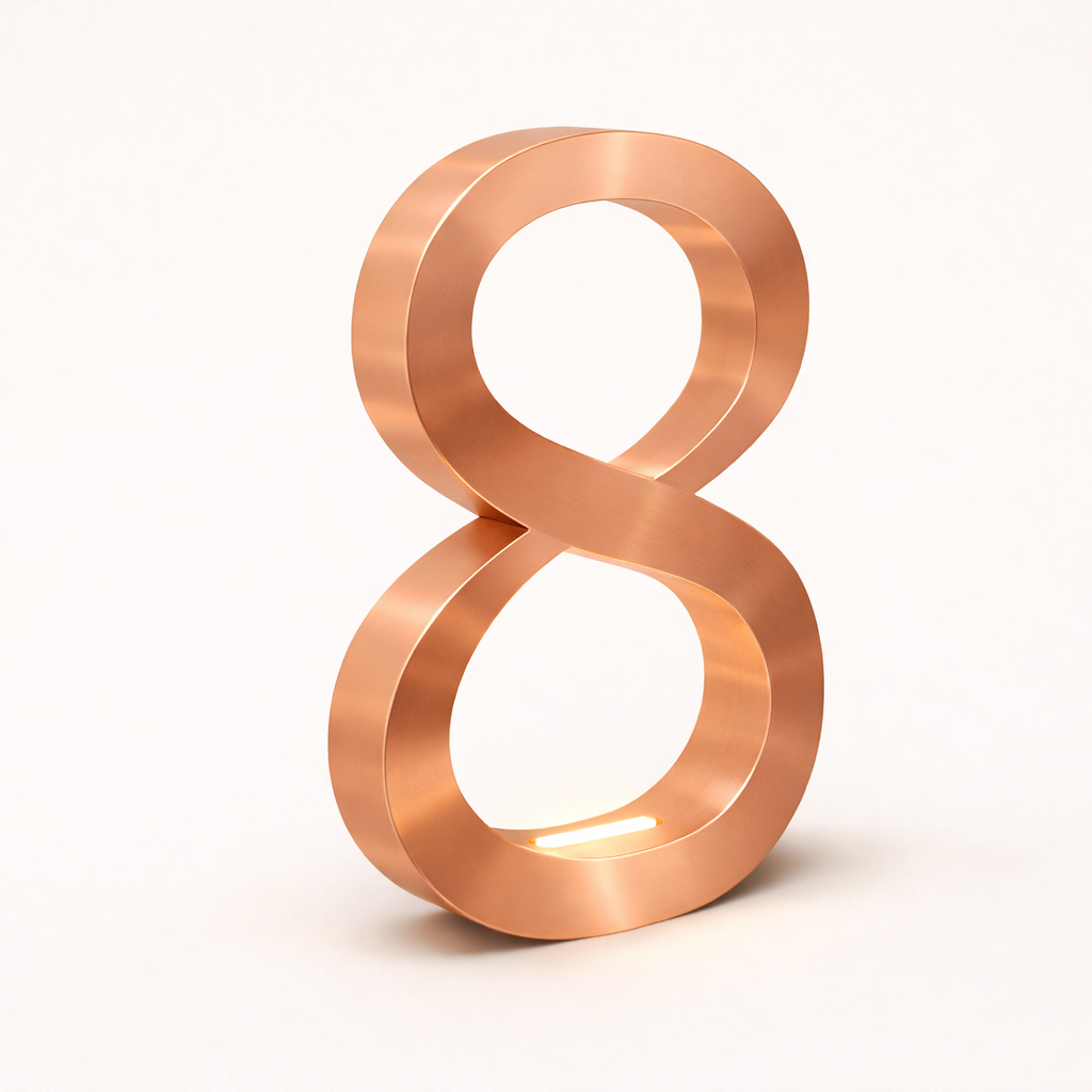 Copper finish oak infinity-shaped lamp by WOOM, with a soft glowing light and brushed metallic texture.