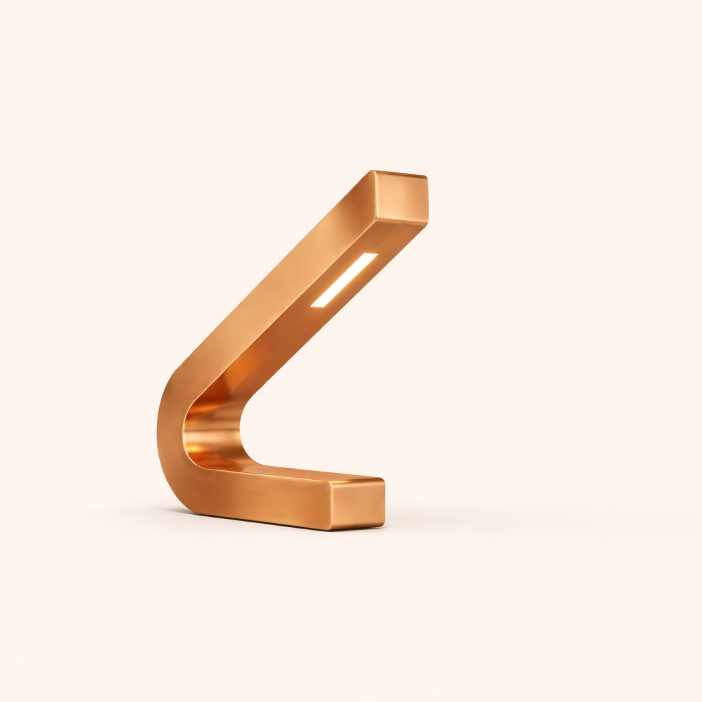 Curved copper finish oak LED lamp by WOOM, featuring a modern, minimalist design with an illuminated light strip.