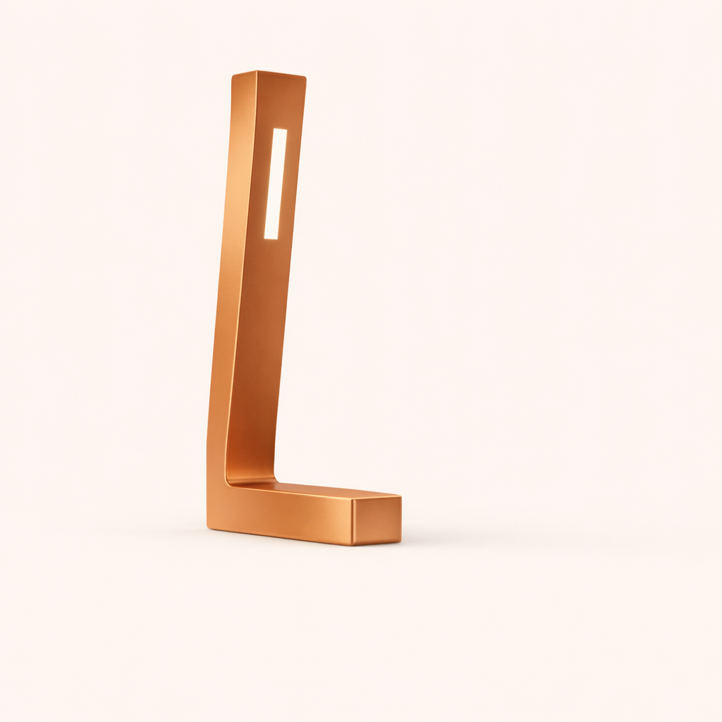 Copper finish L-shaped LED lamp by WOOM with a bright vertical light strip.