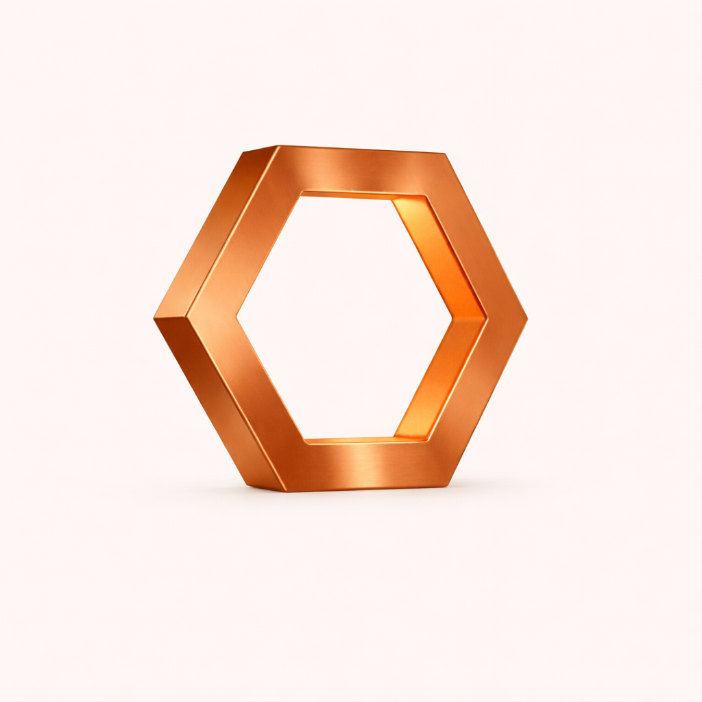Copper finish hexagon lamp by WOOM, with a hollow center and brushed metallic texture.