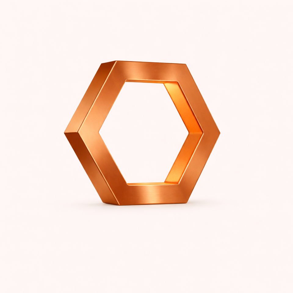 Copper finish hexagon lamp by WOOM, with a hollow center and brushed metallic texture.