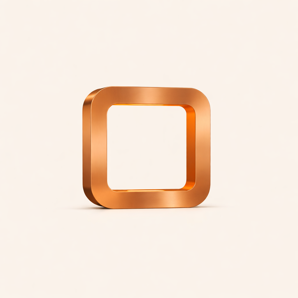 Copper finish square lamp by WOOM with rounded corners and a smooth metallic appearance, standing on a light background.