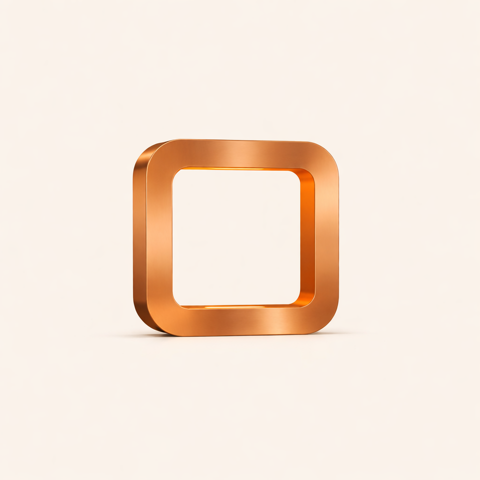 Copper finish square lamp by WOOM with rounded corners and a smooth metallic appearance, standing on a light background.