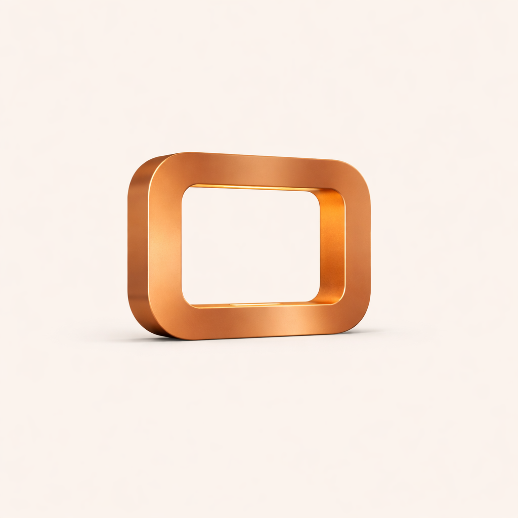 Copper-finish rectangular lamp by WOOM with rounded corners and a smooth, reflective surface, casting a subtle shadow.