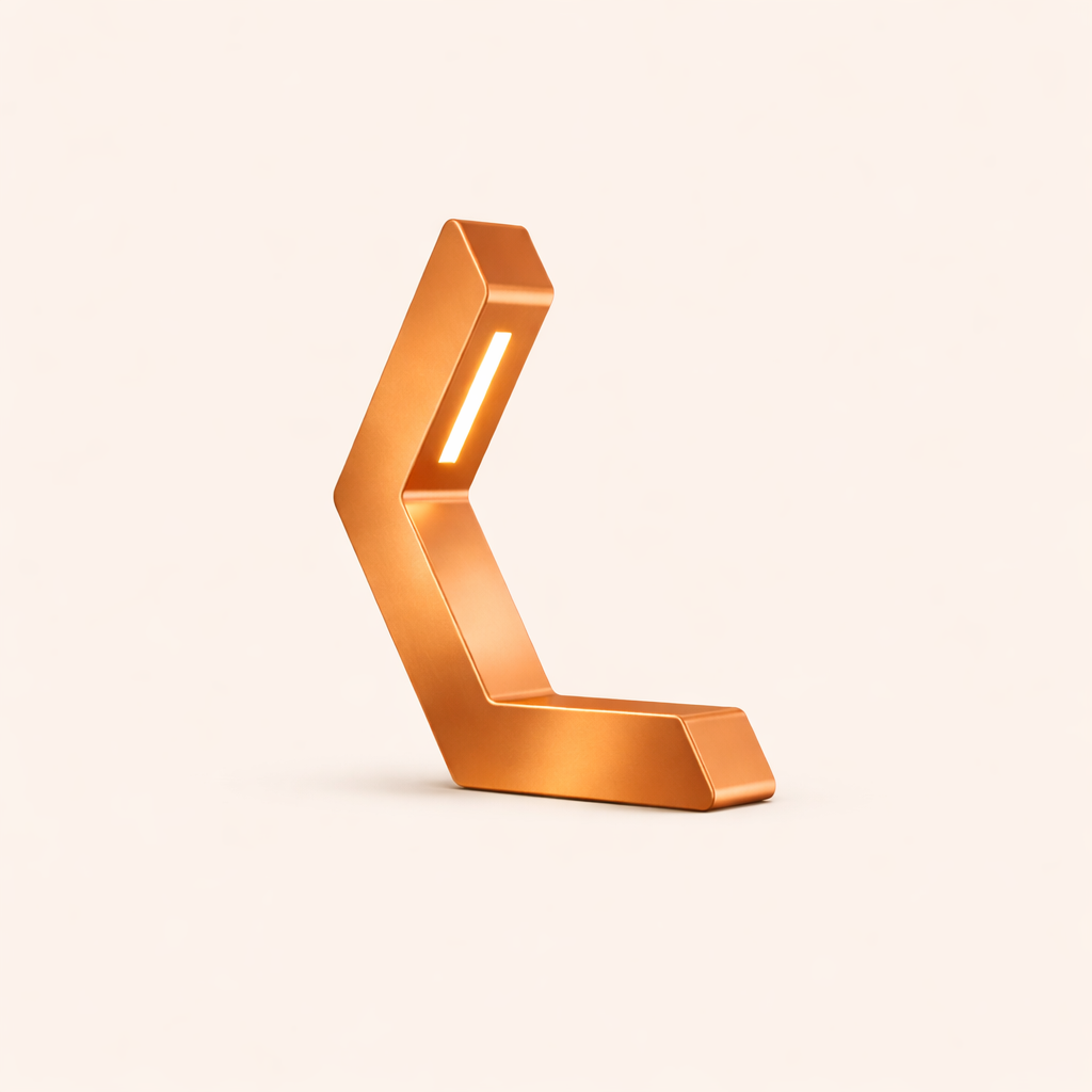 Copper finish geometric LED table lamp by WOOM, with a matte metallic surface and an illuminated vertical light strip.