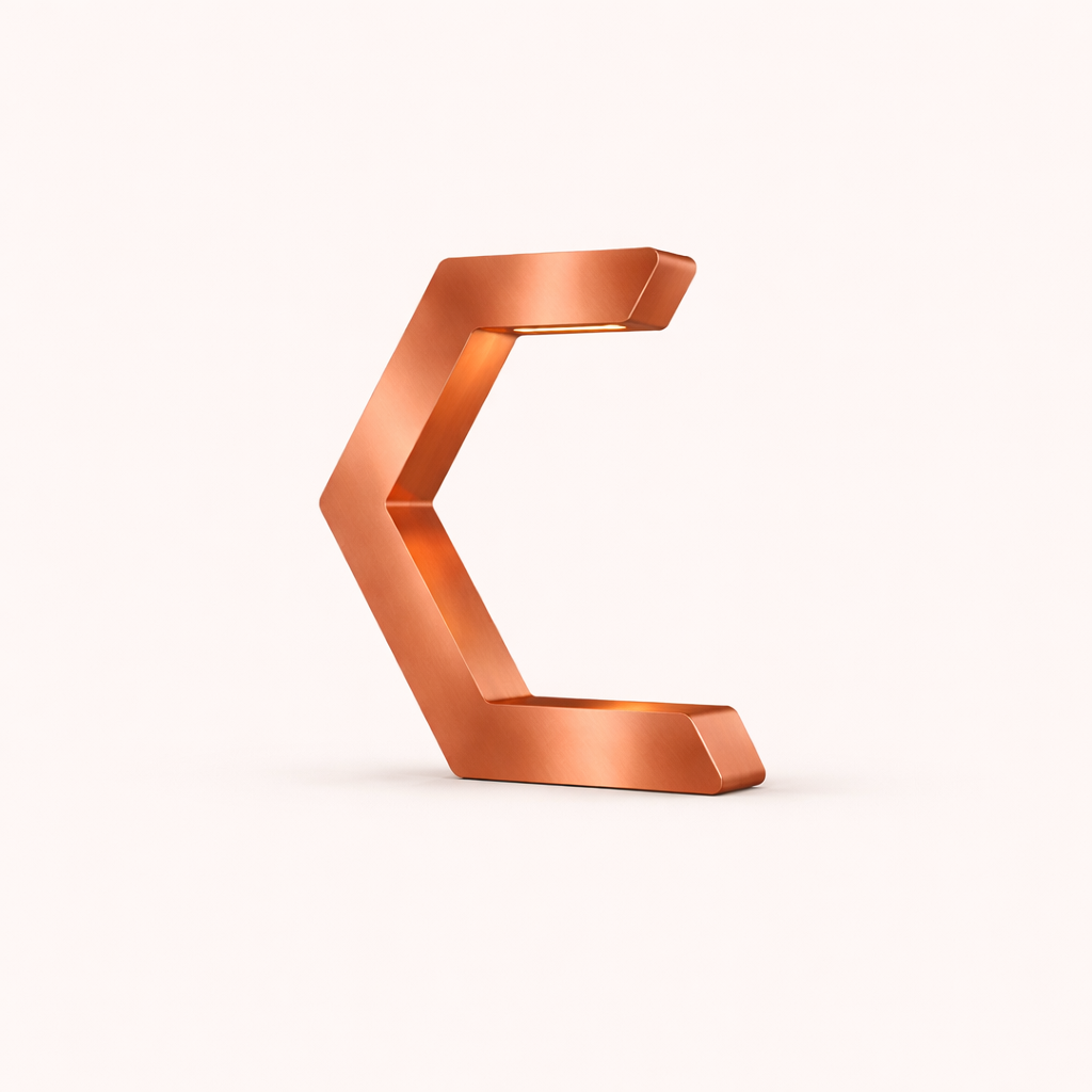 C-shaped copper finish table lamp by WOOM, with an integrated light source and warm glow.
