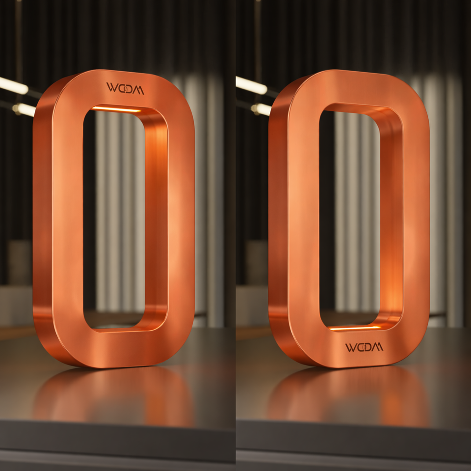  Copper finish rounded rectangular table lamp by WOOM, with soft internal light and a brushed texture.