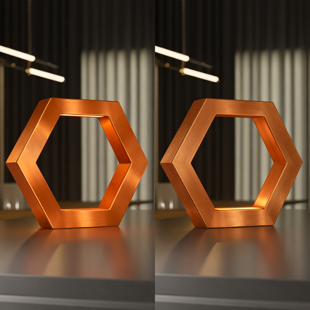  Brushed copper finish hexagon lamp by WOOM, two displayed on a dark surface, one with a warm internal glow.