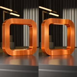 Square oak wooden table lamp with a copper finish by WOOM, front view, one with internal light glowing and another unlit.