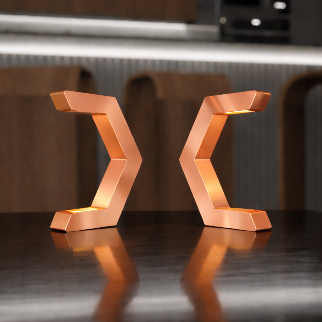 Two copper finish C-shaped table lamps by WOOM, arranged symmetrically forming an X, with warm internal light.
