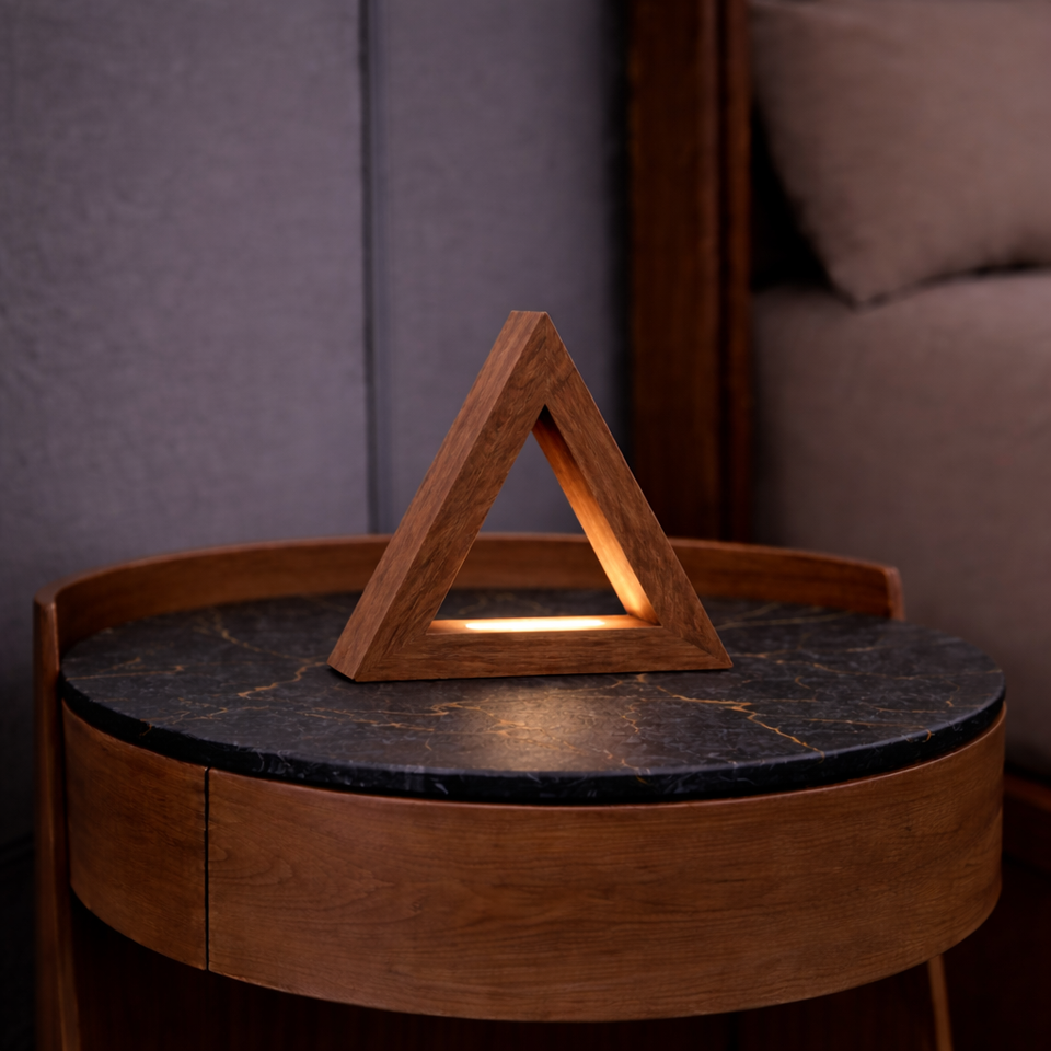 Handcrafted Walnut Triangular LED Lamp for Interiors