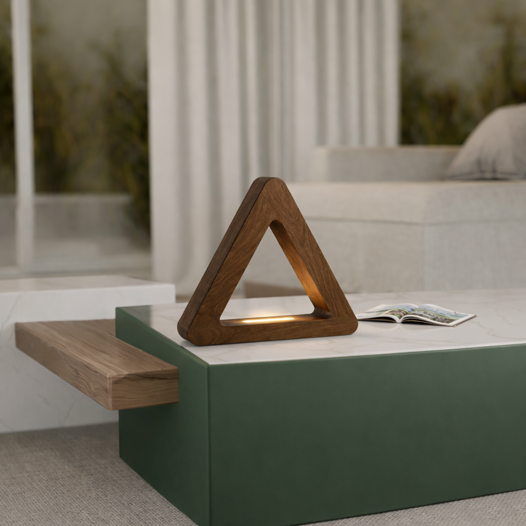 Handcrafted Walnut Triangular LED Lamp for Interiors