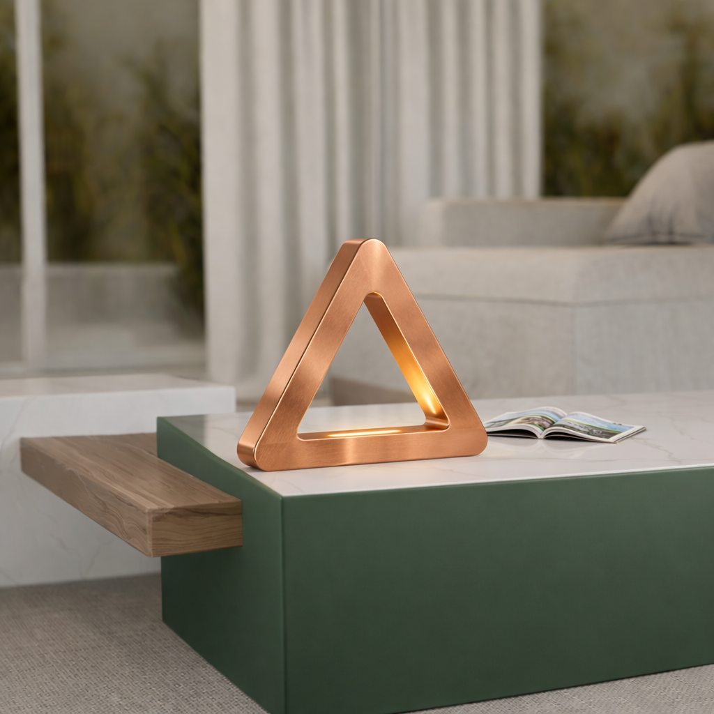 Copper finish triangular LED lamp by WOOM, casting a warm glow on a marble coffee table in a modern living room.