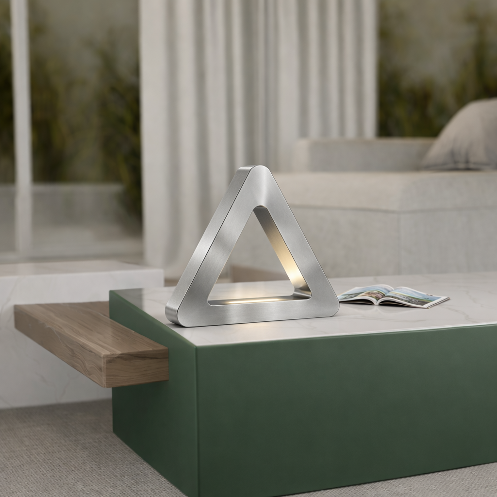 Silver Finish Handcrafted Oak Тriangular LED Lamp