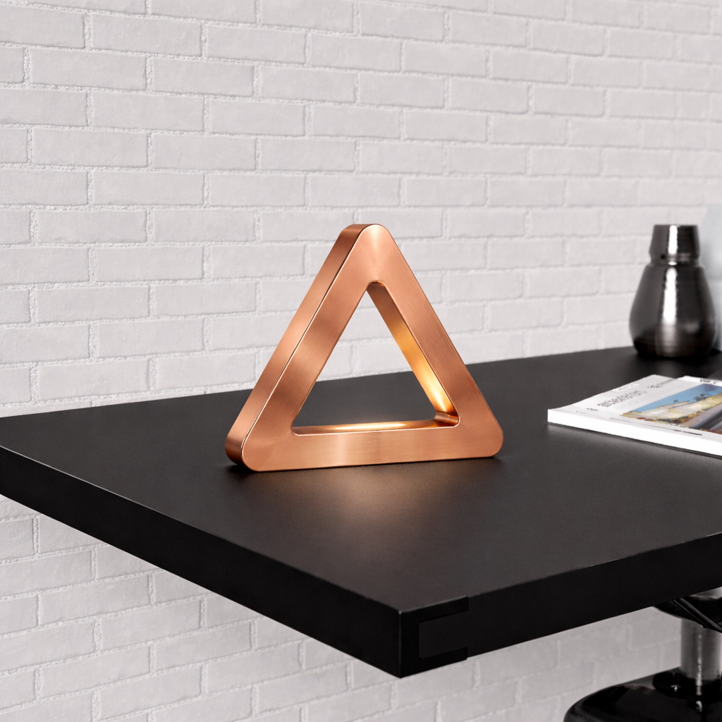 Copper finish triangular LED lamp by WOOM on a black shelf with a dark vase and magazine against a white brick wall.
