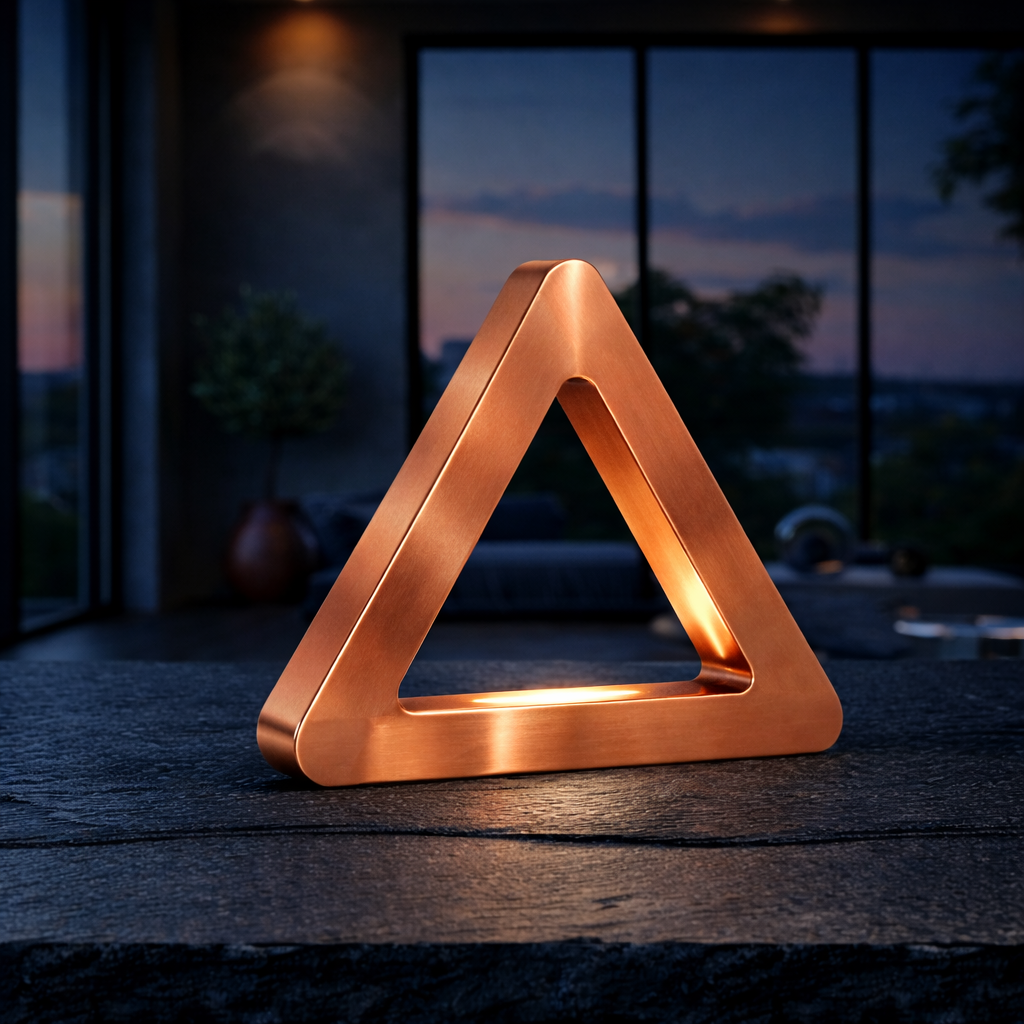 Copper finish triangular LED lamp by WOOM, casting a warm glow on a dark textured stone surface.