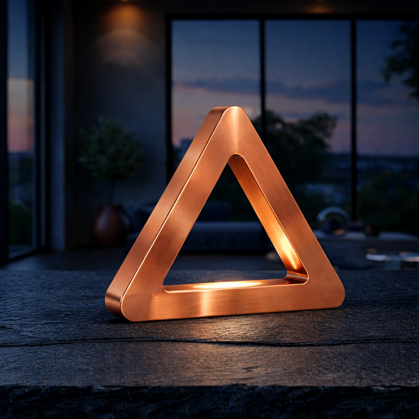 Copper finish triangular LED lamp by WOOM, casting a warm glow on a dark textured stone surface.