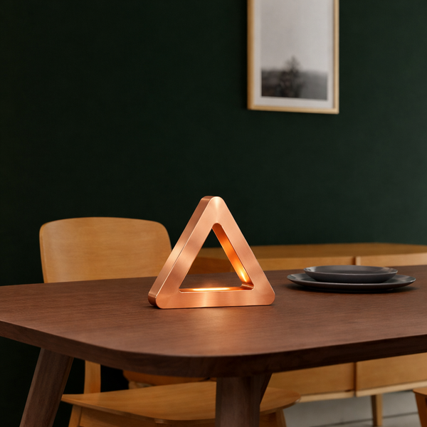 Copper finish handcrafted oak triangular LED lamp by WOOM, glowing warmly on a dark wood table with plates, against a green wall.